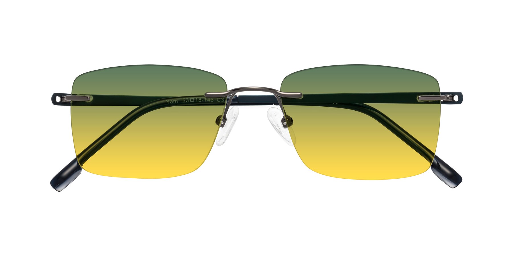 Folded Front of Yam in Gunmetal-Blue with Green / Yellow Gradient Lenses