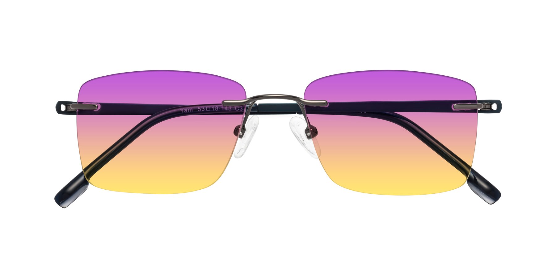 Folded Front of Yam in Gunmetal-Blue with Purple / Yellow Gradient Lenses