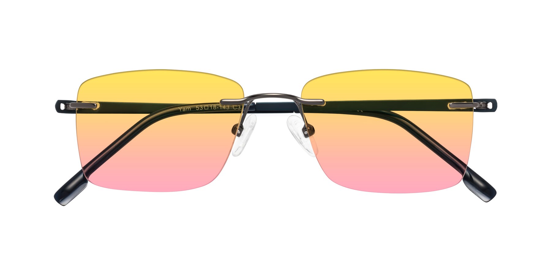 Folded Front of Yam in Gunmetal-Blue with Yellow / Pink Gradient Lenses