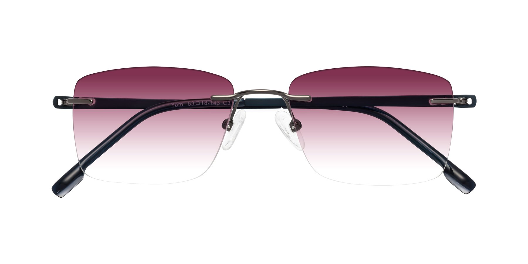 Folded Front of Yam in Gunmetal-Blue with Wine Gradient Lenses