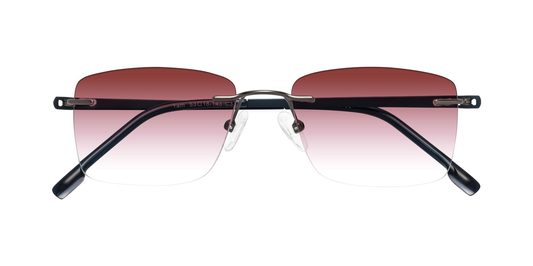 Folded Front of Yam in Gunmetal-Blue with Garnet Gradient Lenses