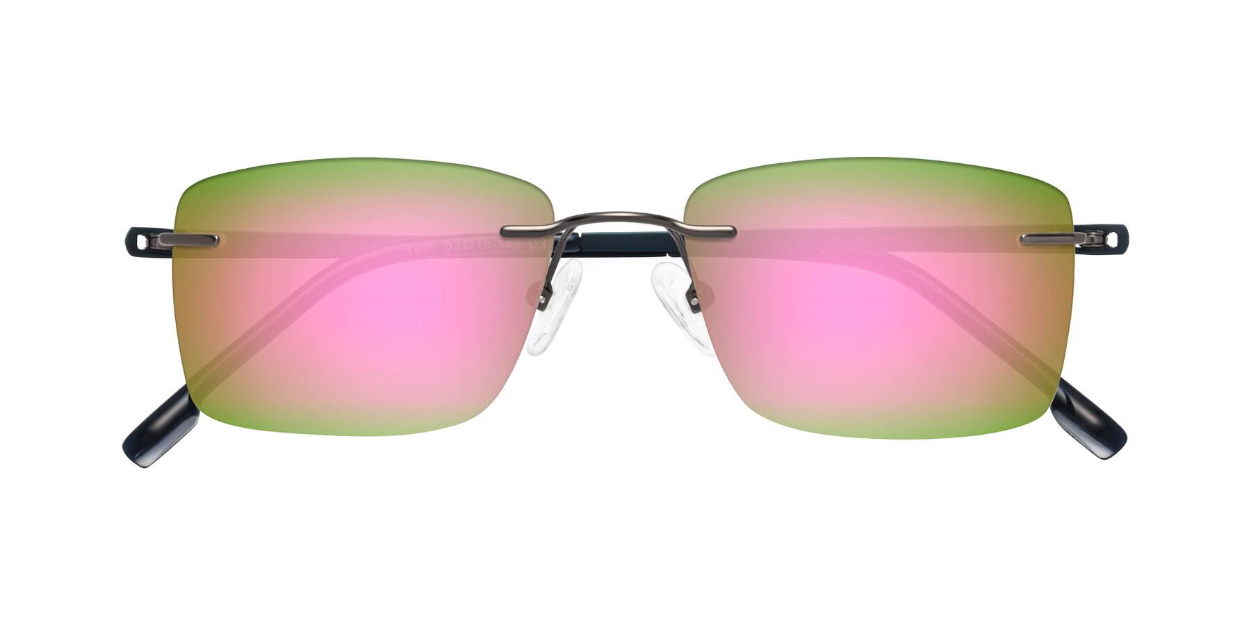 Folded Front of Yam in Gunmetal-Blue with Pink Mirrored Lenses