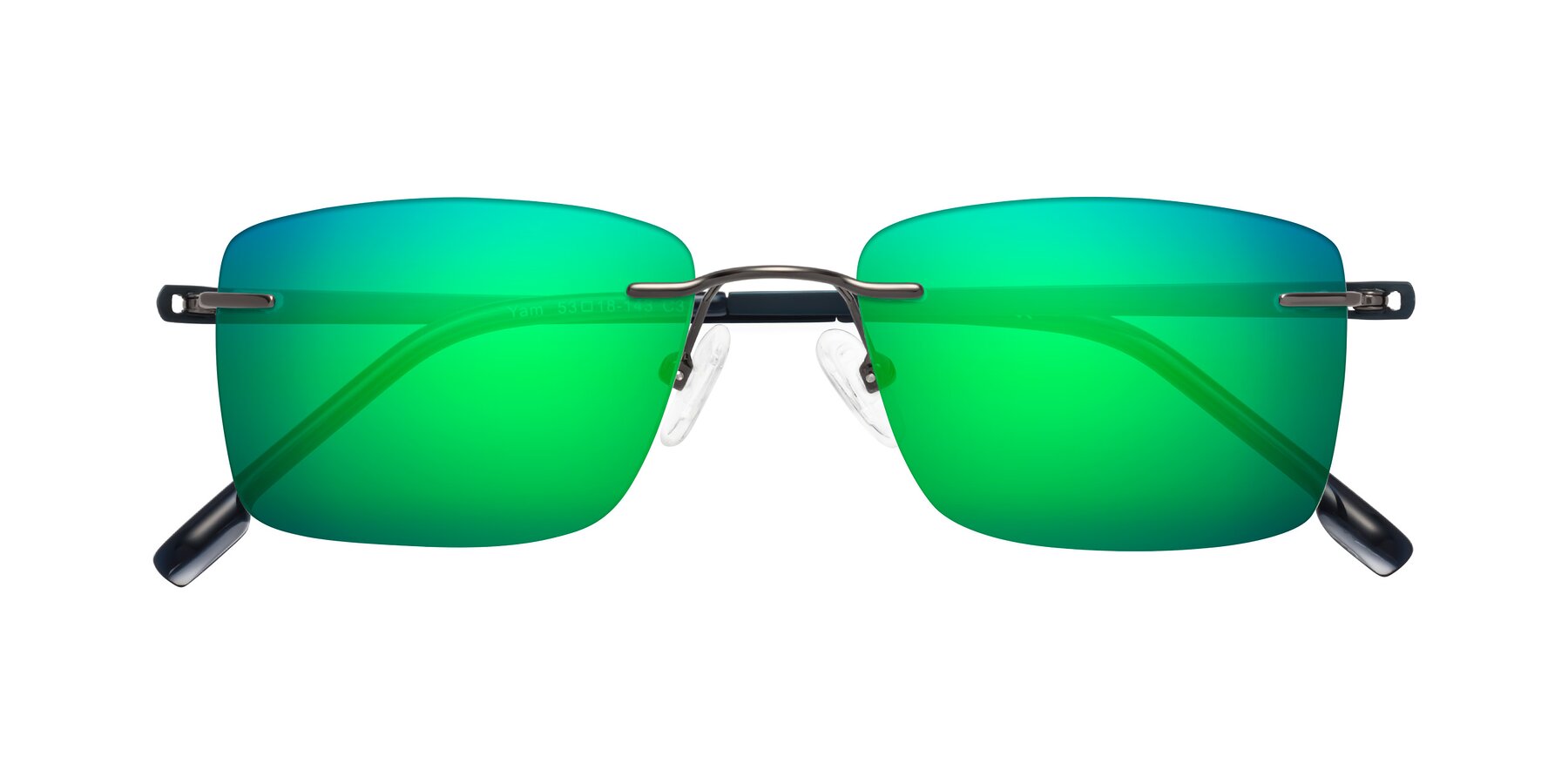 Folded Front of Yam in Gunmetal-Blue with Green Mirrored Lenses