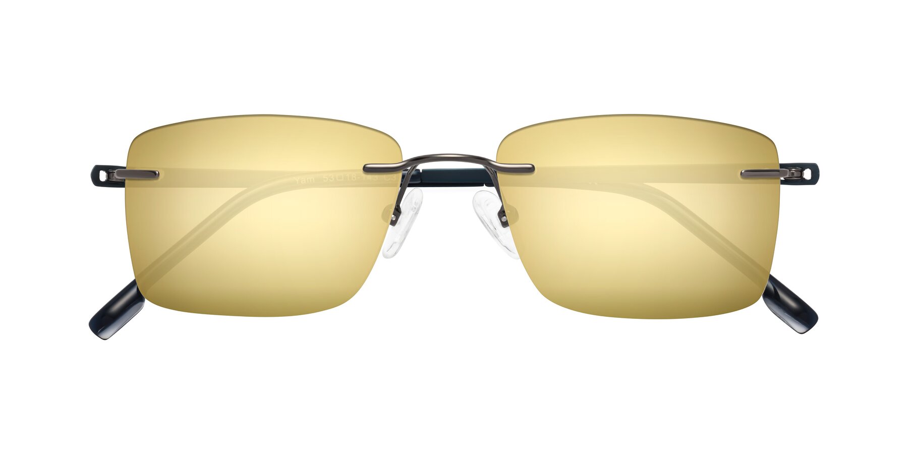 Folded Front of Yam in Gunmetal-Blue with Gold Mirrored Lenses