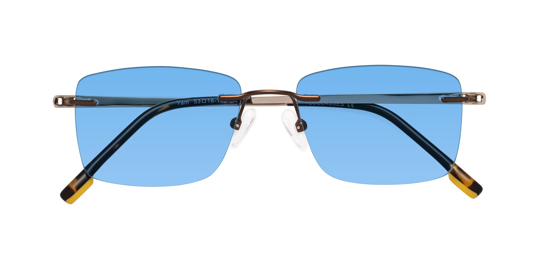 Folded Front of Yam in Brown-Gold with Medium Blue Tinted Lenses