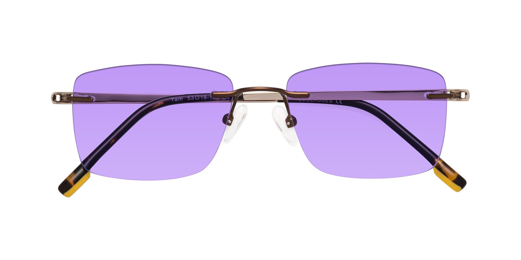 Folded Front of Yam in Brown-Gold with Medium Purple Tinted Lenses