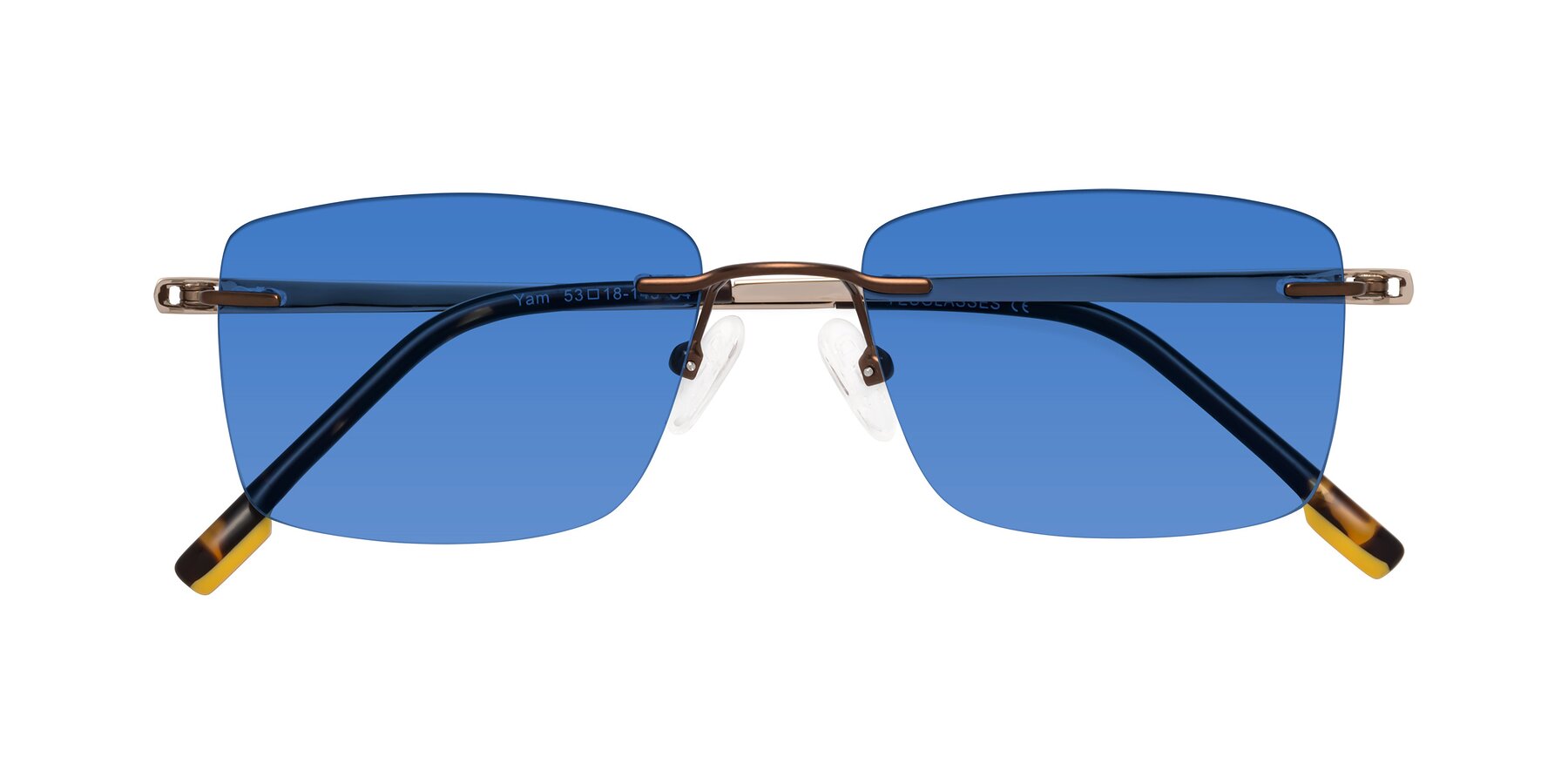 Folded Front of Yam in Brown-Gold with Blue Tinted Lenses