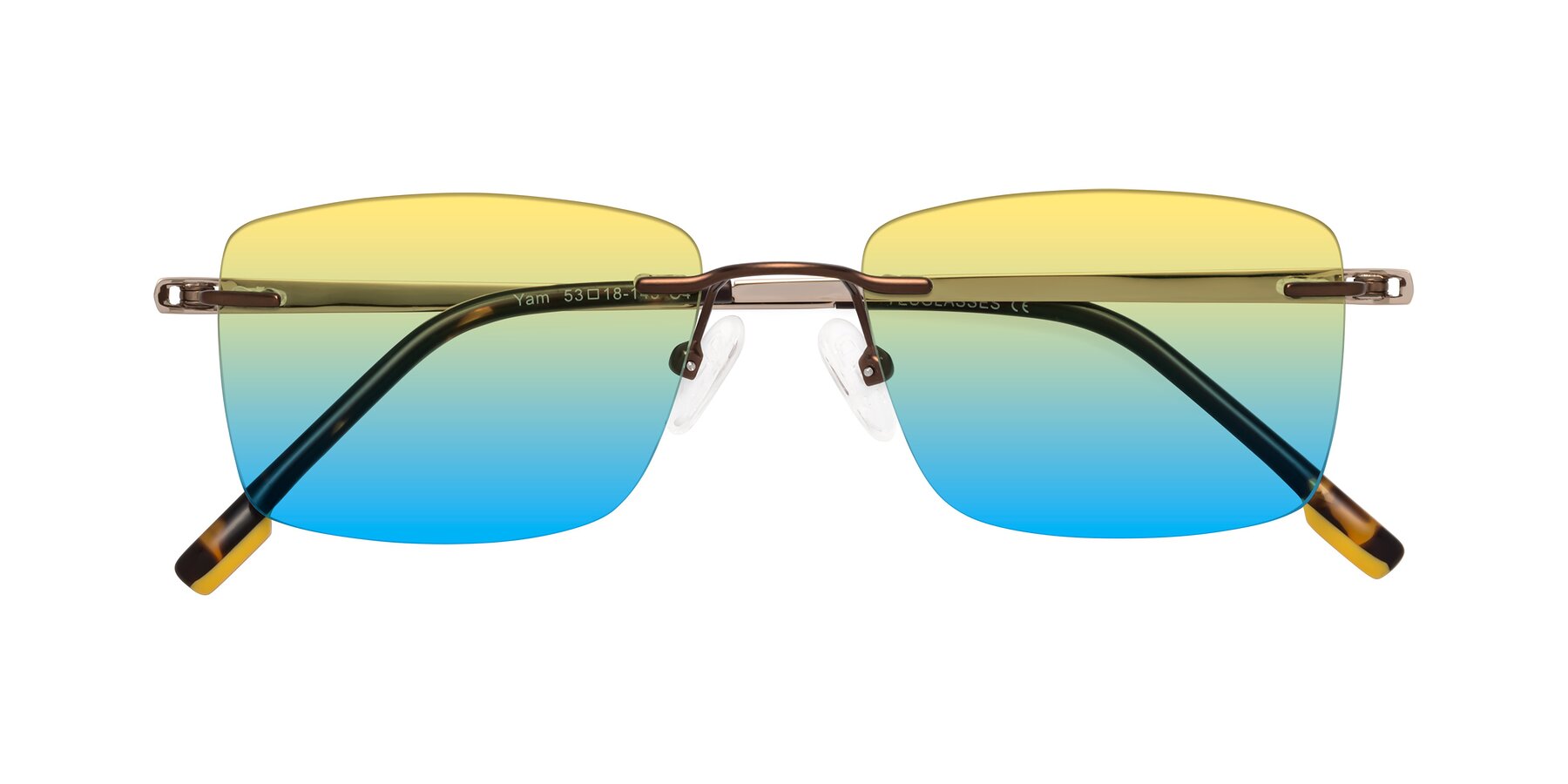 Folded Front of Yam in Brown-Gold with Yellow / Blue Gradient Lenses