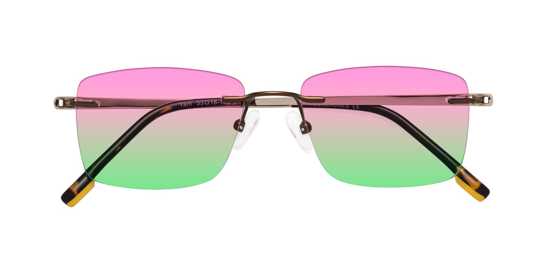 Folded Front of Yam in Brown-Gold with Pink / Green Gradient Lenses