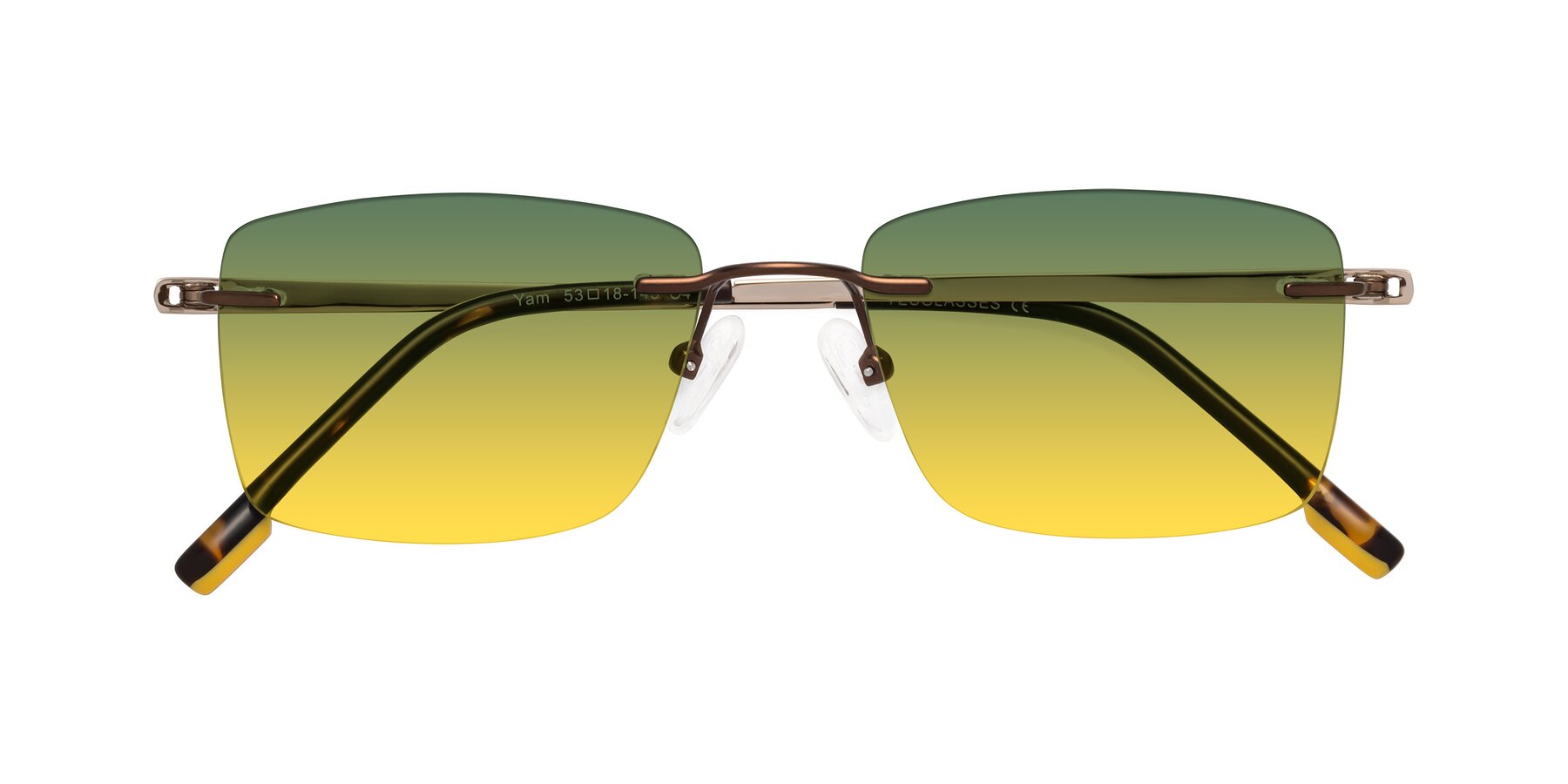 Folded Front of Yam in Brown-Gold with Green / Yellow Gradient Lenses