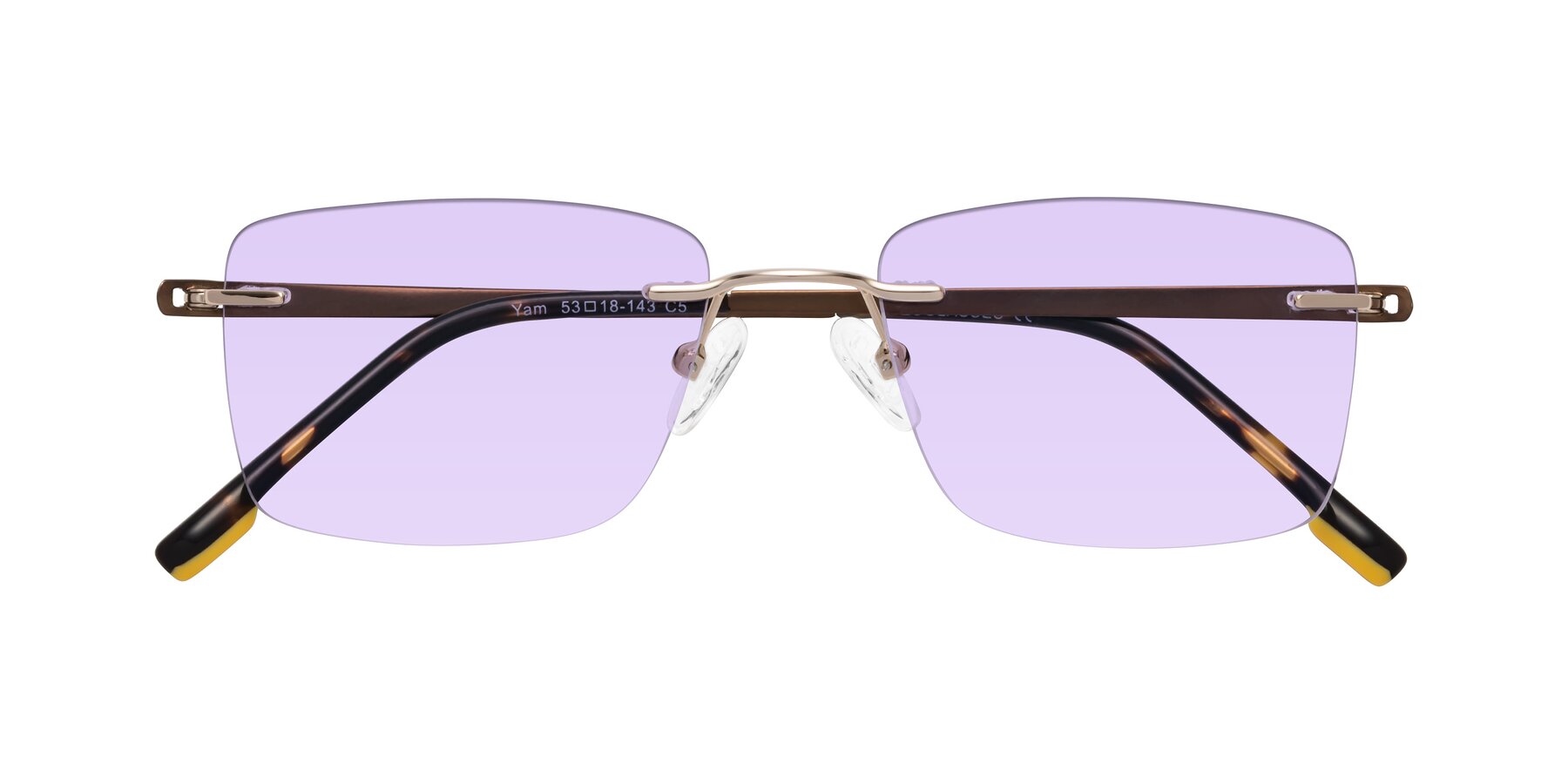 Folded Front of Yam in Gold-Brown with Light Purple Tinted Lenses