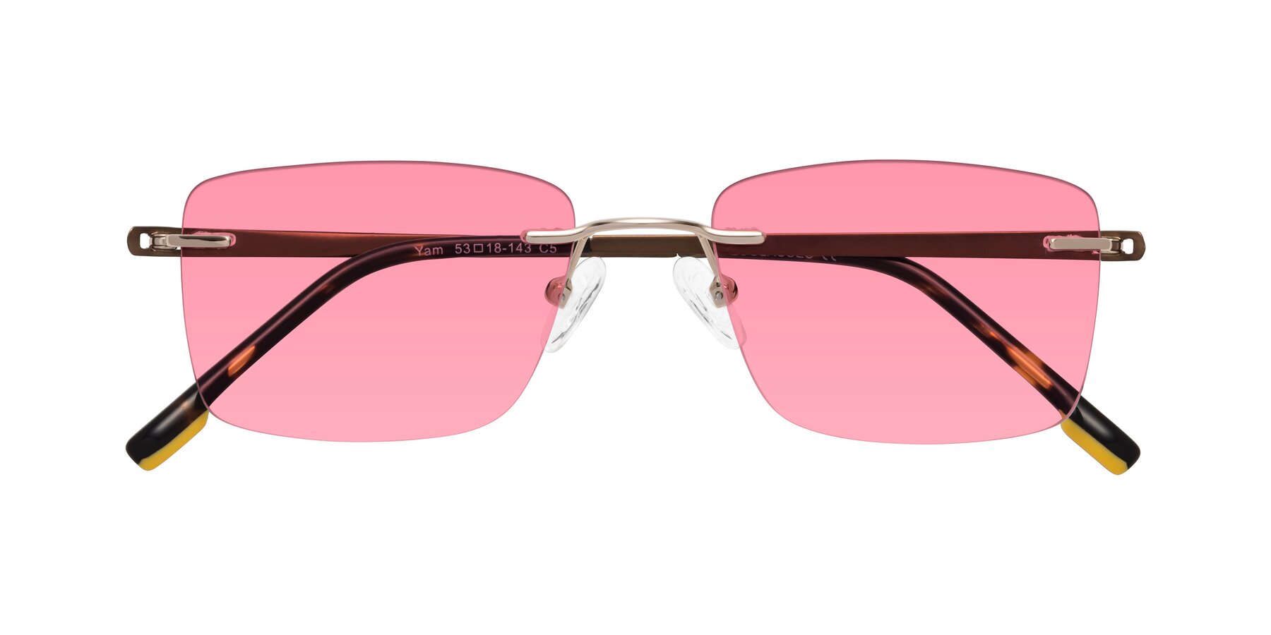 Folded Front of Yam in Gold-Brown with Pink Tinted Lenses