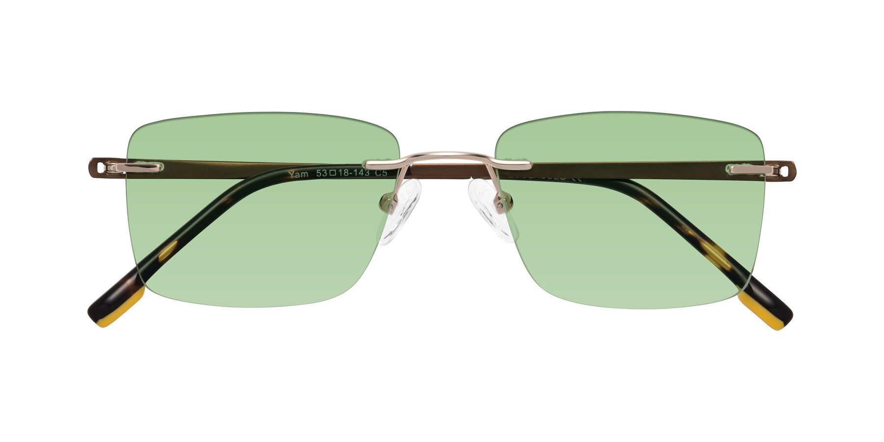 Folded Front of Yam in Gold-Brown with Medium Green Tinted Lenses