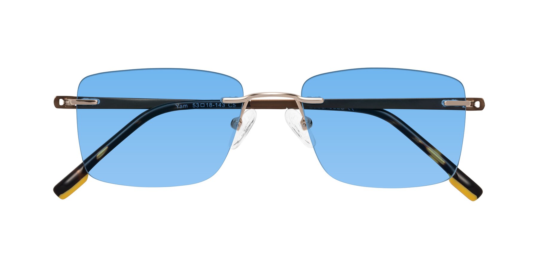 Folded Front of Yam in Gold-Brown with Medium Blue Tinted Lenses