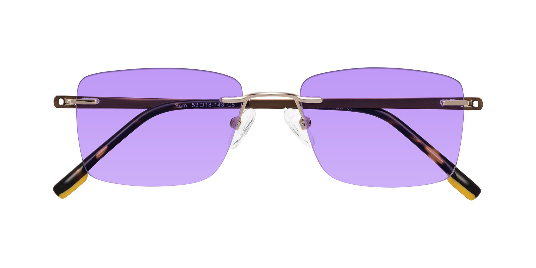 Folded Front of Yam in Gold-Brown with Medium Purple Tinted Lenses