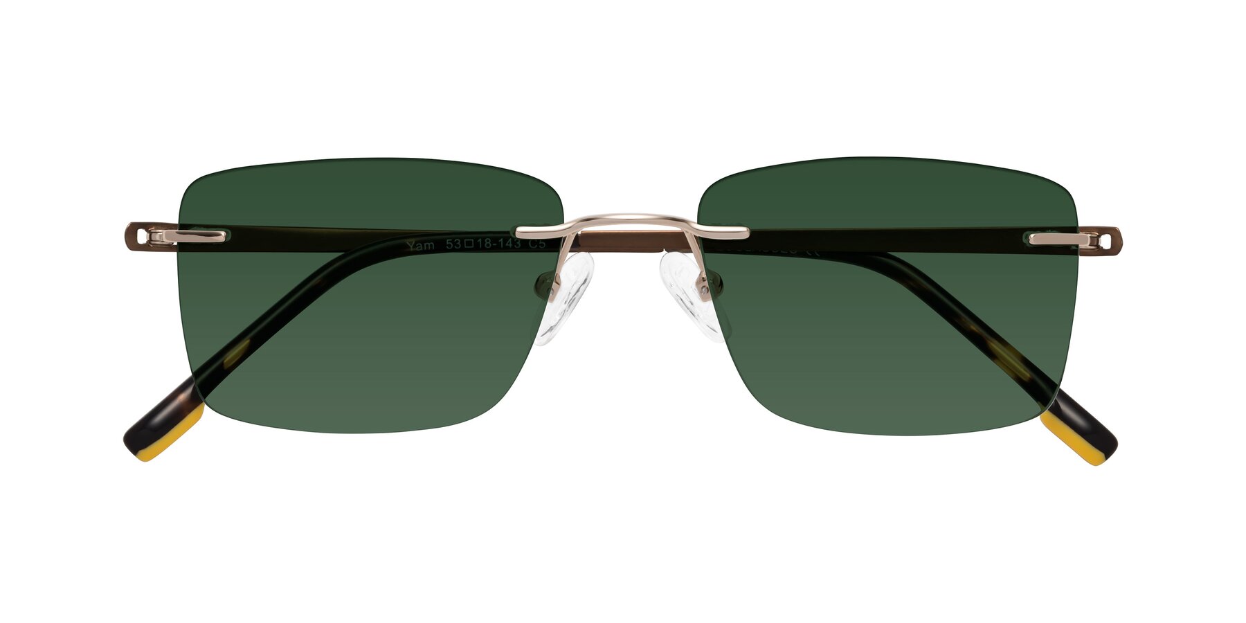 Folded Front of Yam in Gold-Brown with Green Tinted Lenses