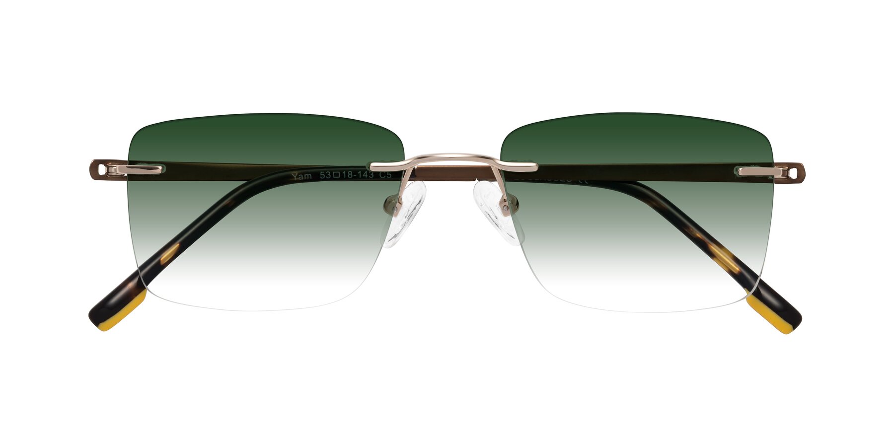 Folded Front of Yam in Gold-Brown with Green Gradient Lenses