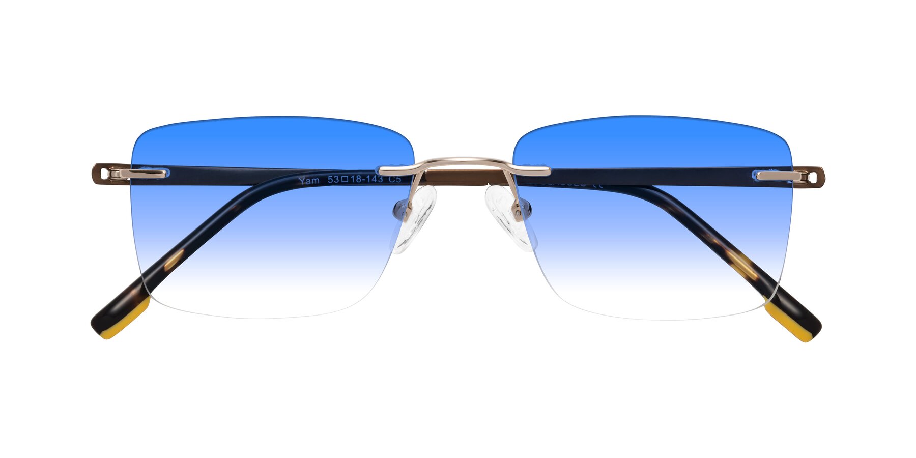 Folded Front of Yam in Gold-Brown with Blue Gradient Lenses