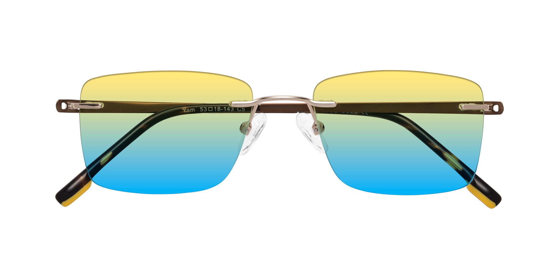 Folded Front of Yam in Gold-Brown with Yellow / Blue Gradient Lenses