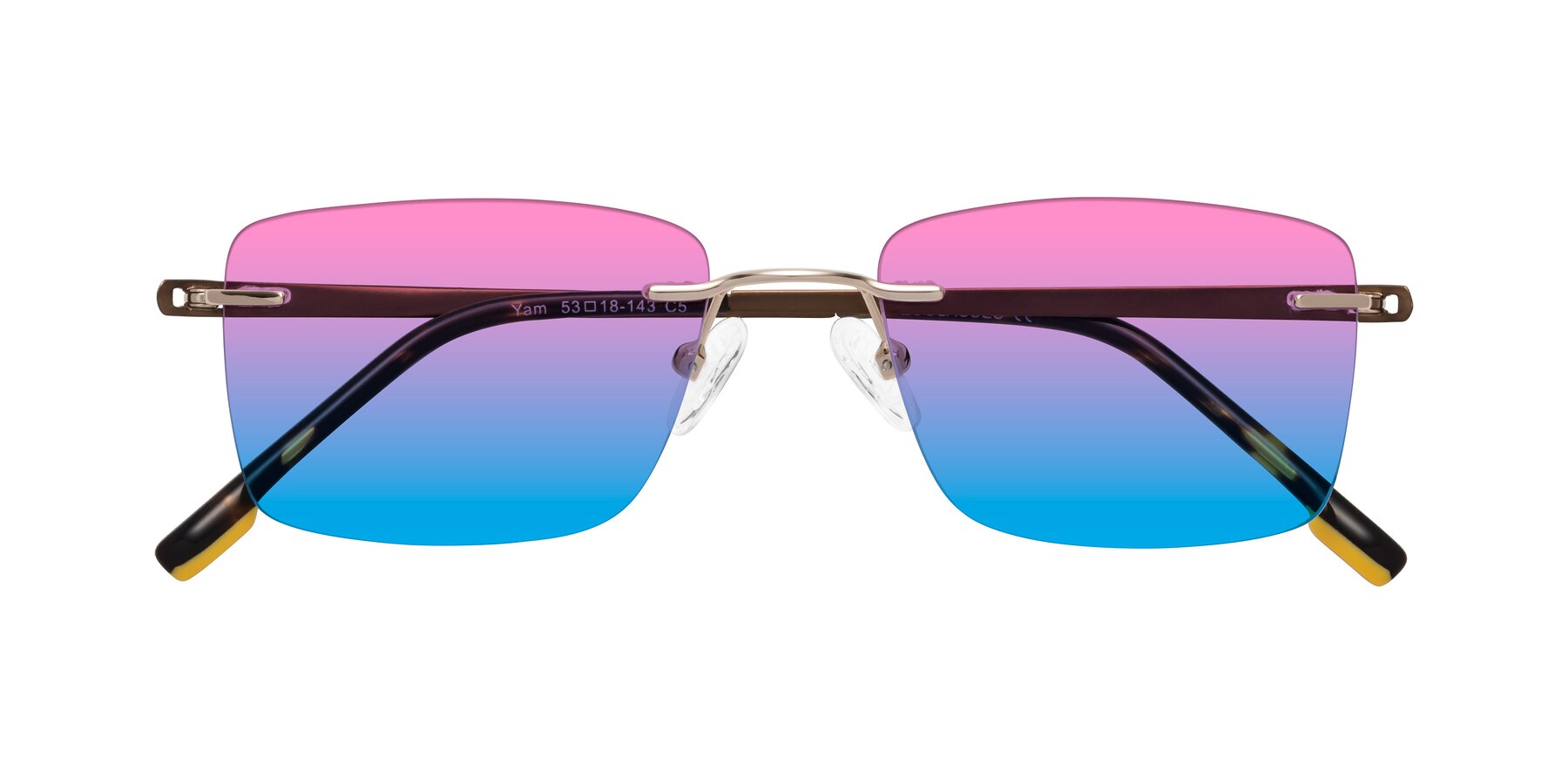 Folded Front of Yam in Gold-Brown with Pink / Blue Gradient Lenses