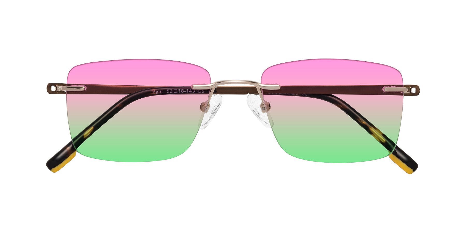 Folded Front of Yam in Gold-Brown with Pink / Green Gradient Lenses