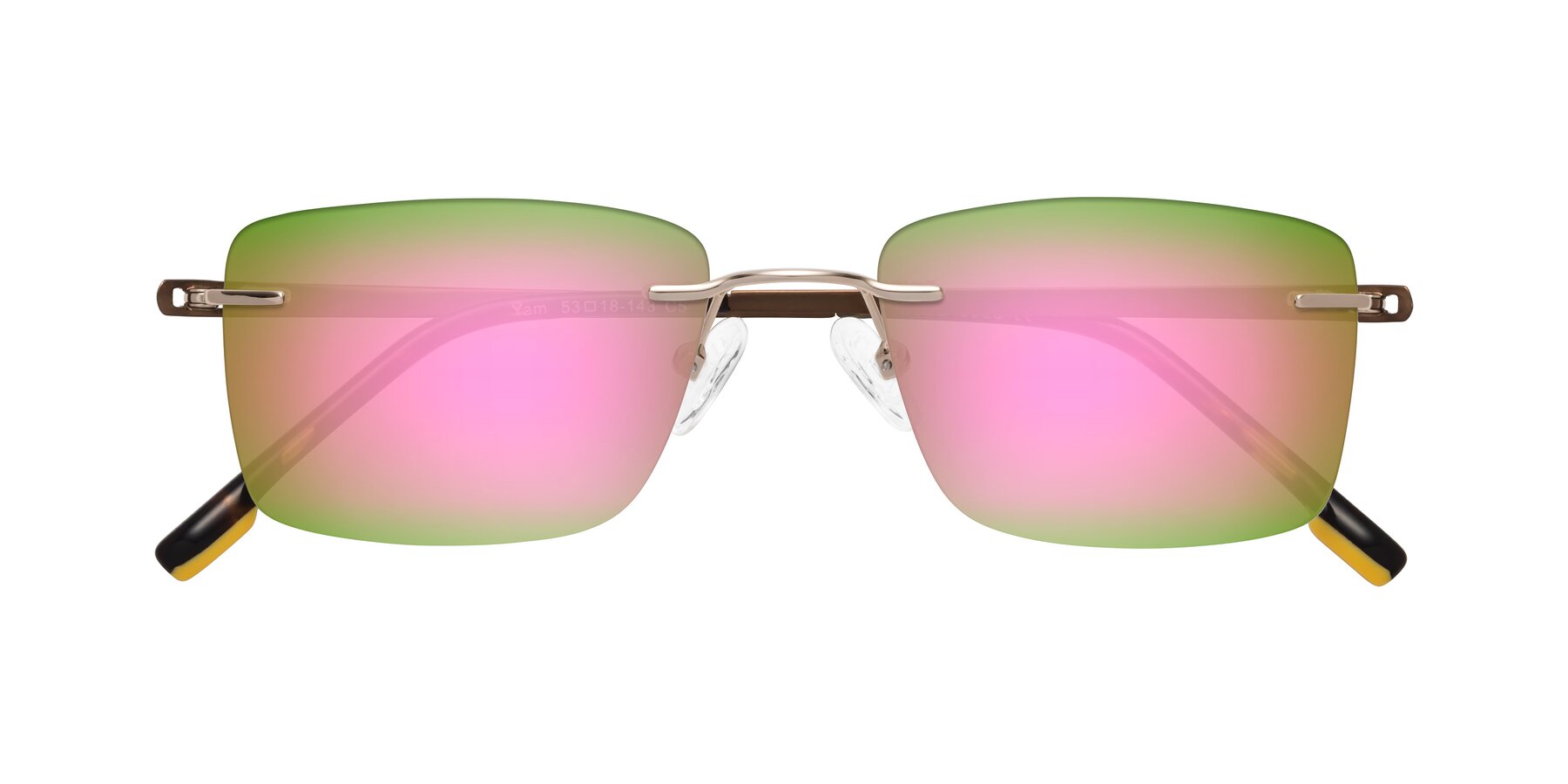 Folded Front of Yam in Gold-Brown with Pink Mirrored Lenses