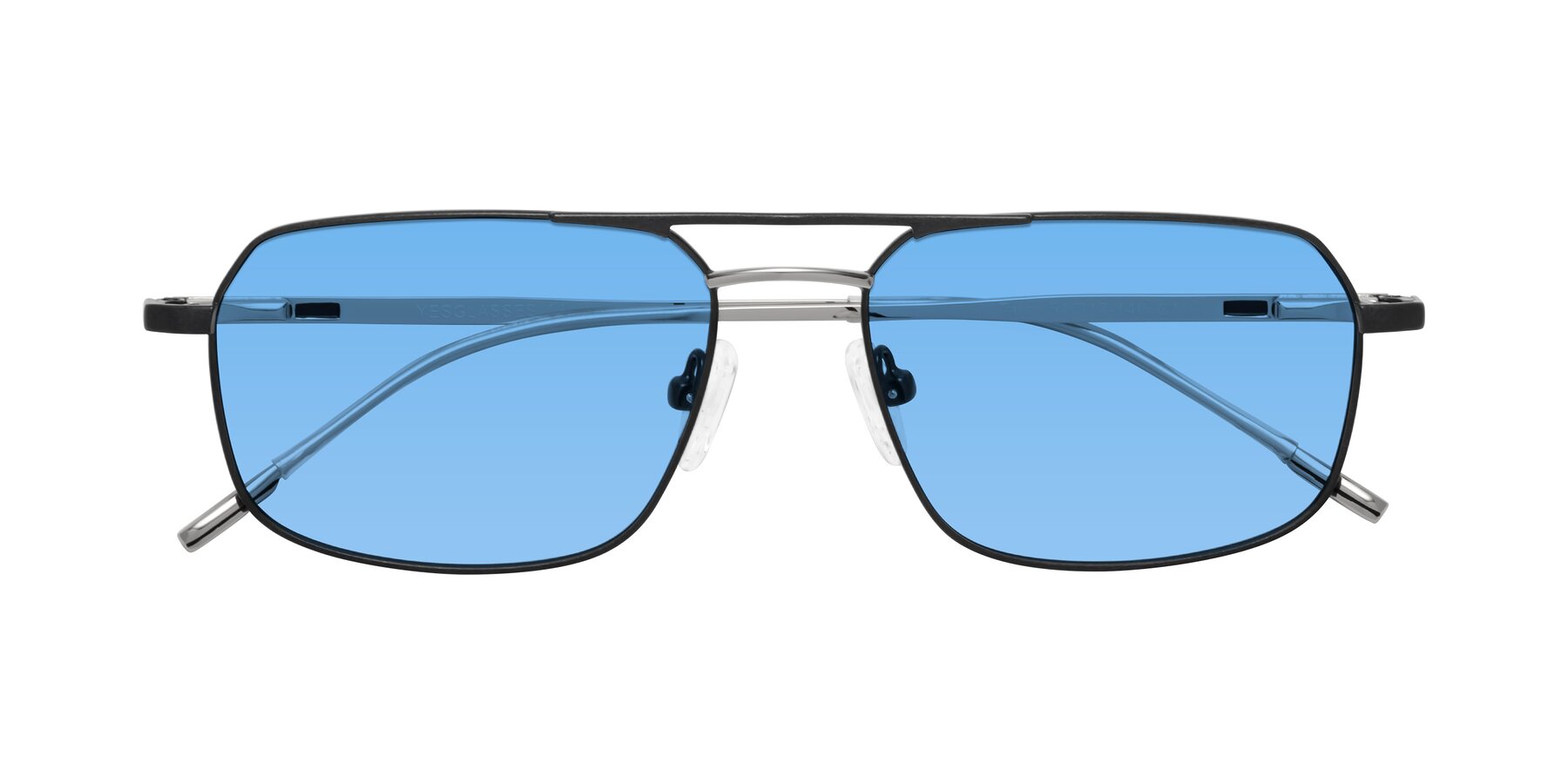 Folded Front of Taro in Black with Medium Blue Tinted Lenses