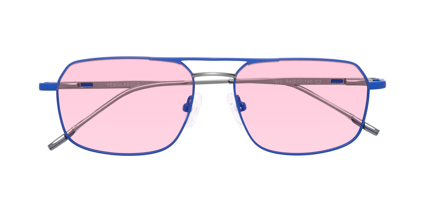 Folded Front of Taro in Sapphire Blue with Light Pink Tinted Lenses