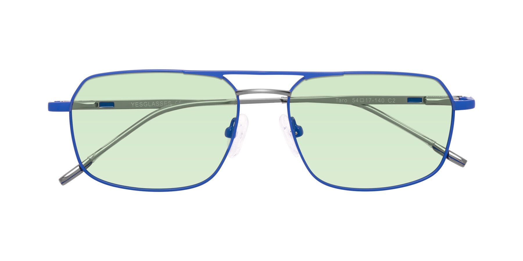 Folded Front of Taro in Sapphire Blue with Light Green Tinted Lenses