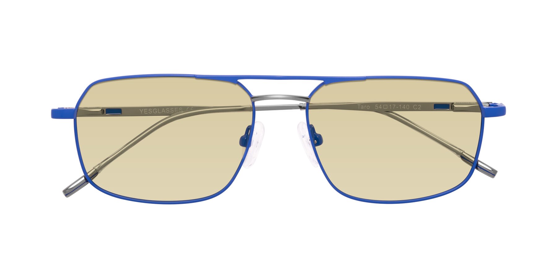 Folded Front of Taro in Sapphire Blue with Light Champagne Tinted Lenses