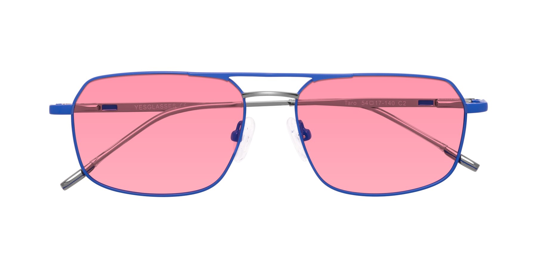 Folded Front of Taro in Sapphire Blue with Pink Tinted Lenses