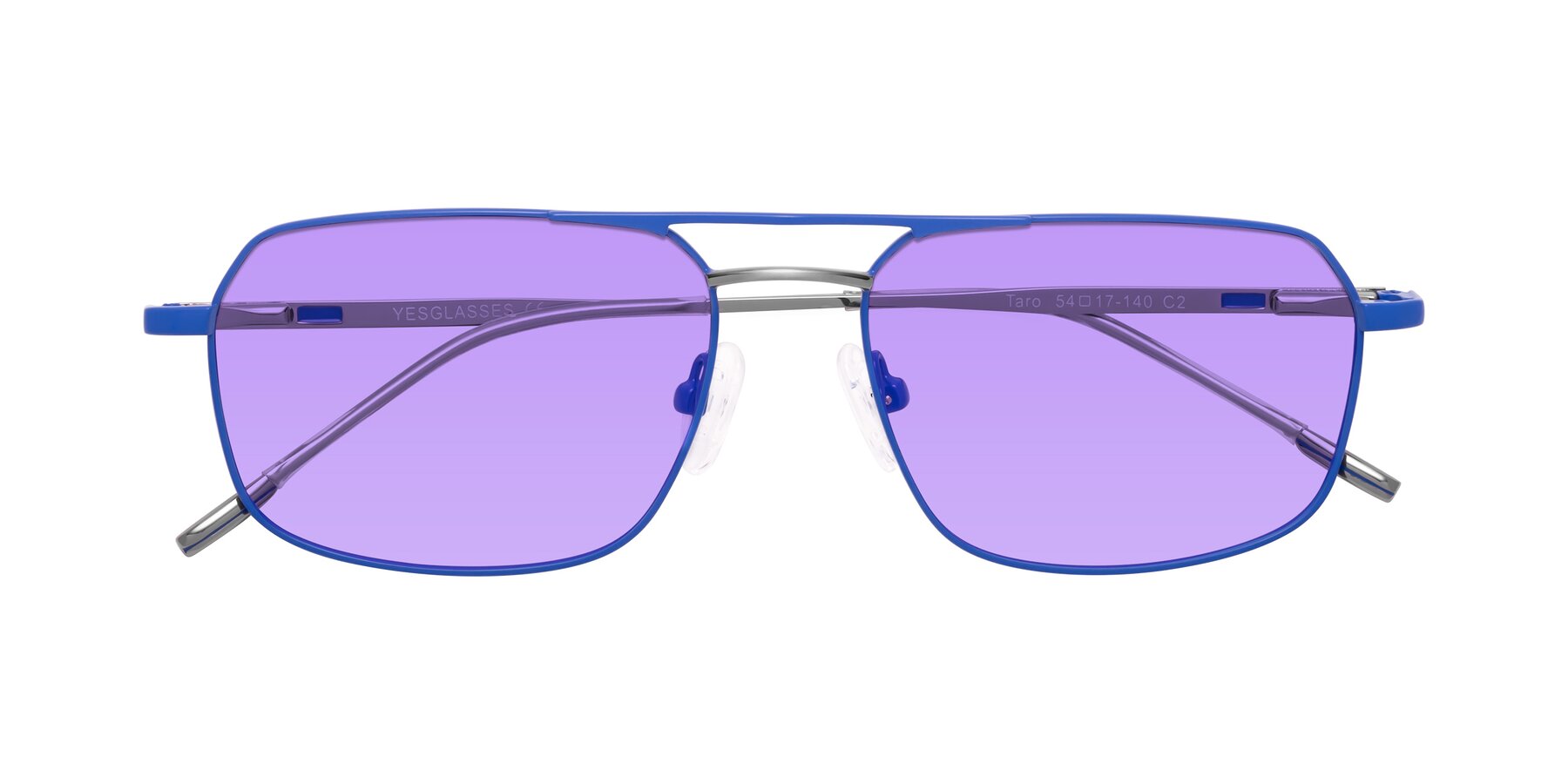 Folded Front of Taro in Sapphire Blue with Medium Purple Tinted Lenses