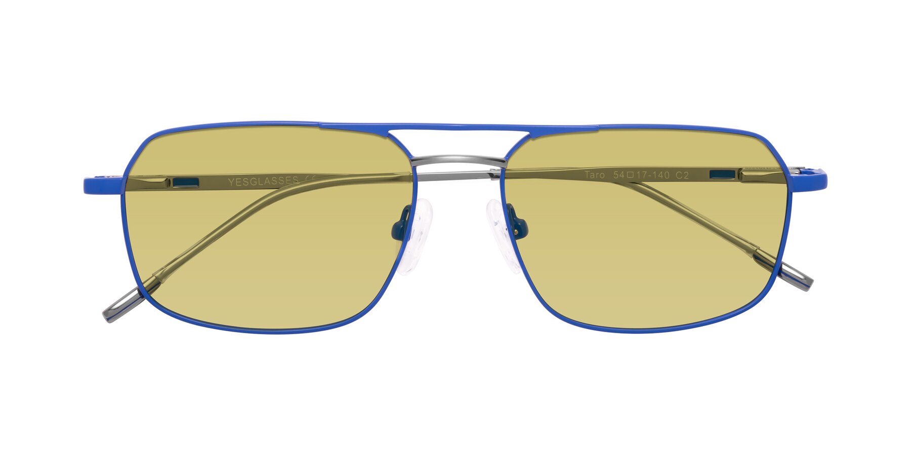 Folded Front of Taro in Sapphire Blue with Medium Champagne Tinted Lenses