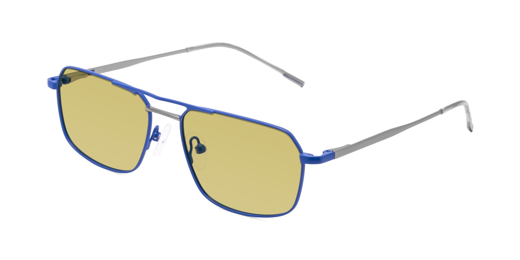 Angle of Taro in Sapphire Blue with Medium Champagne Tinted Lenses