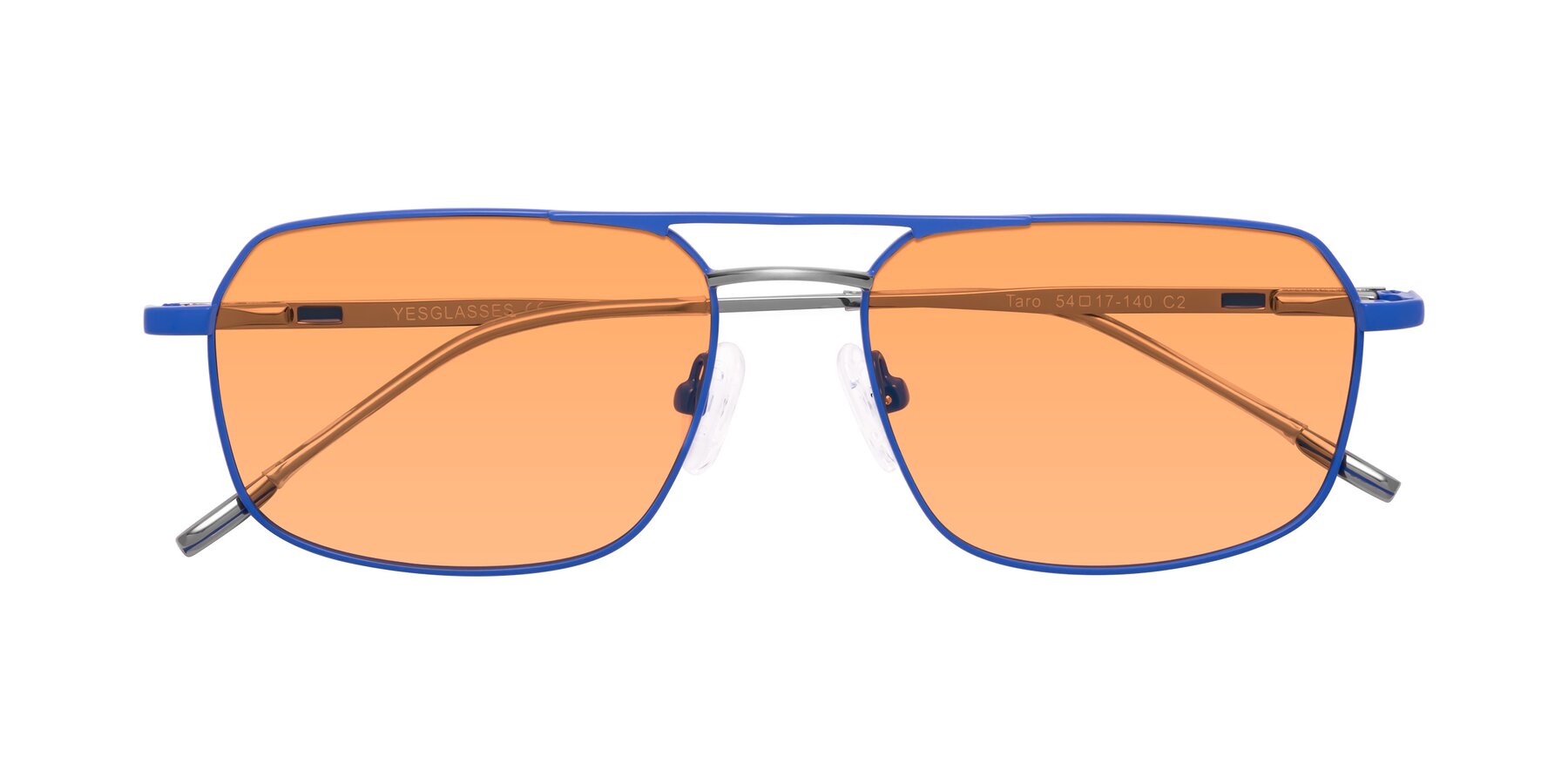 Folded Front of Taro in Sapphire Blue with Medium Orange Tinted Lenses