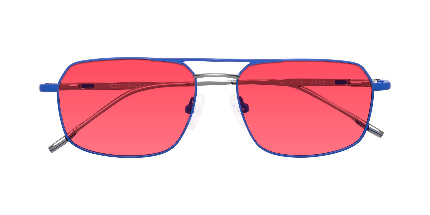 Folded Front of Taro in Sapphire Blue with Red Tinted Lenses