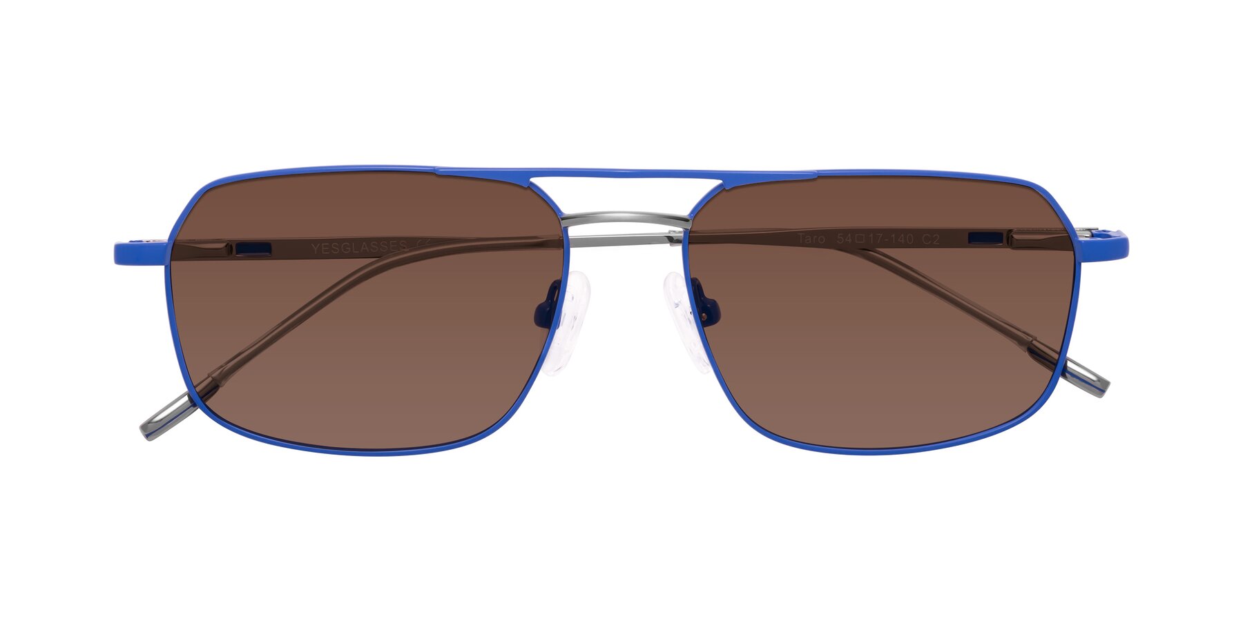 Folded Front of Taro in Sapphire Blue with Brown Tinted Lenses