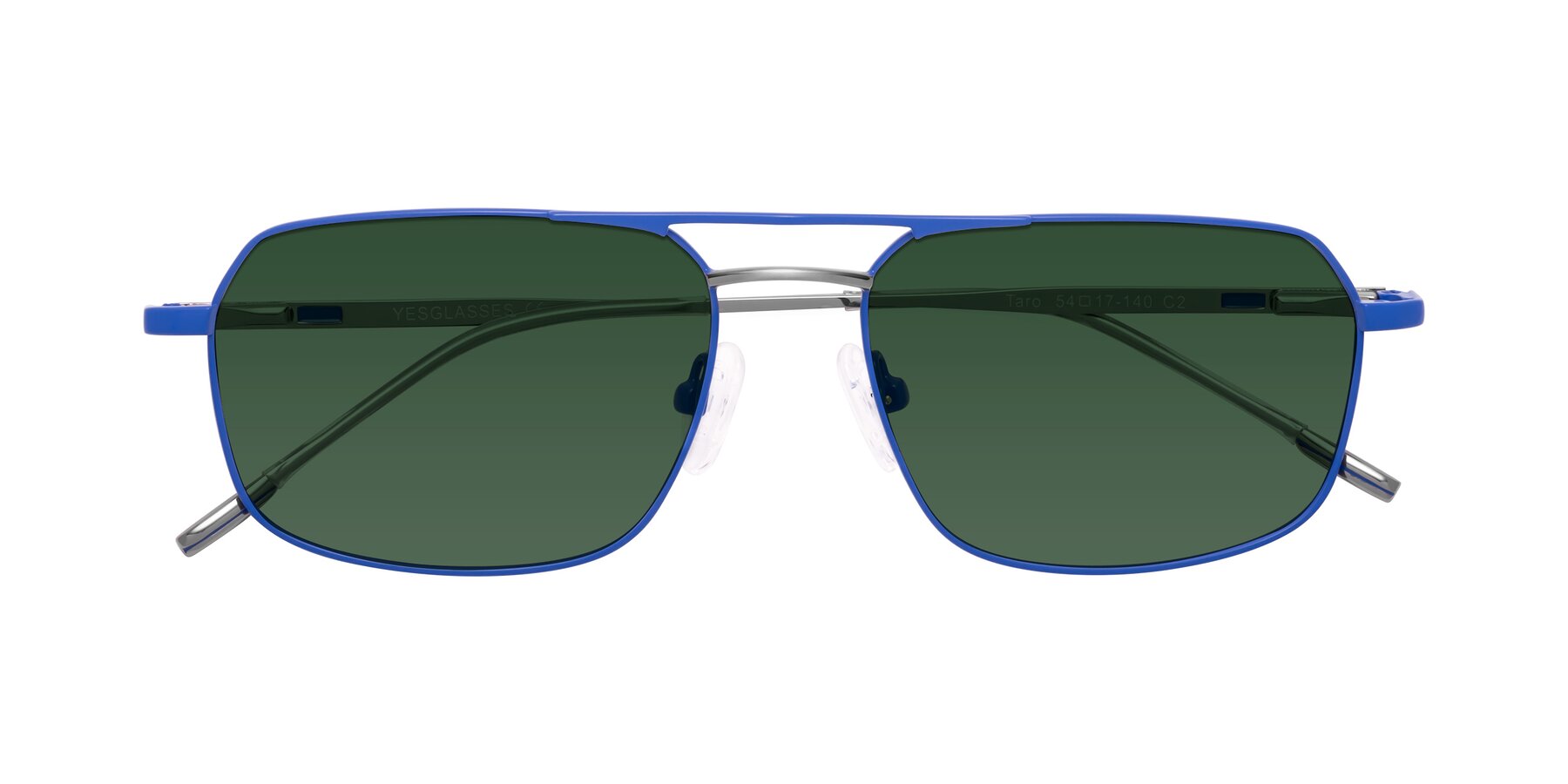 Folded Front of Taro in Sapphire Blue with Green Tinted Lenses