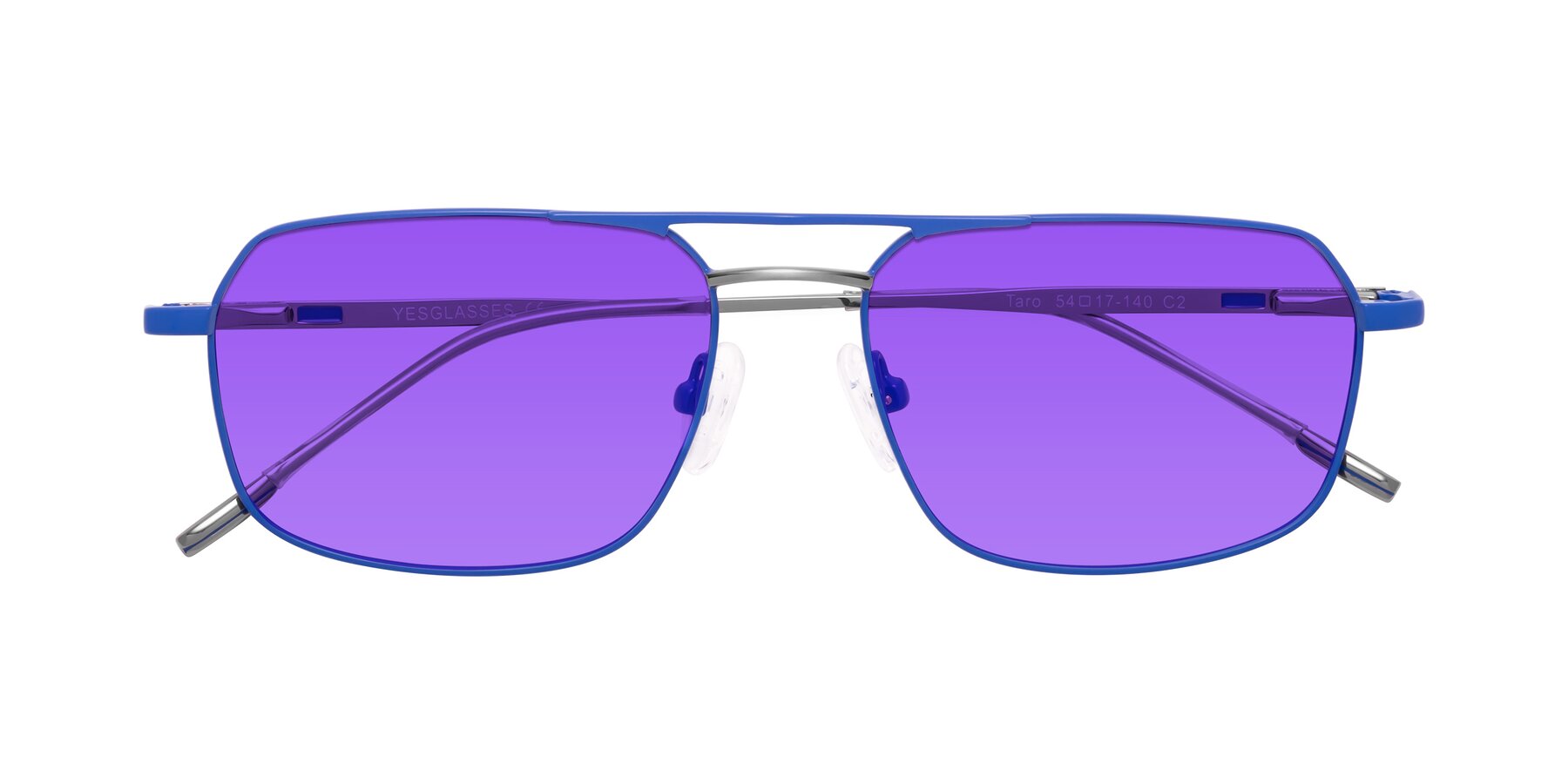 Folded Front of Taro in Sapphire Blue with Purple Tinted Lenses