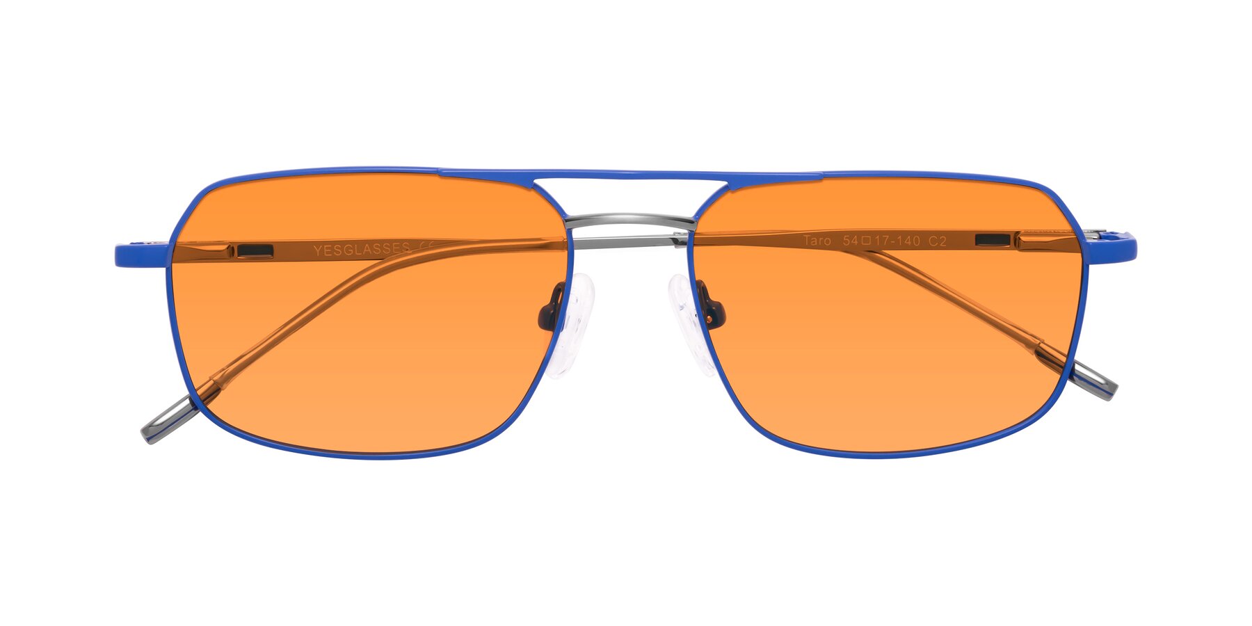 Folded Front of Taro in Sapphire Blue with Orange Tinted Lenses