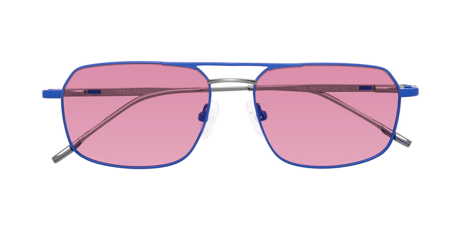 Folded Front of Taro in Sapphire Blue with Medium Wine Tinted Lenses