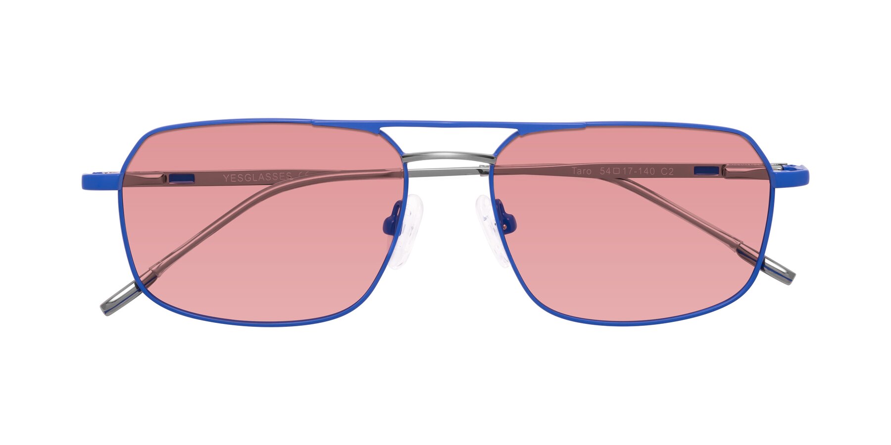 Folded Front of Taro in Sapphire Blue with Medium Garnet Tinted Lenses