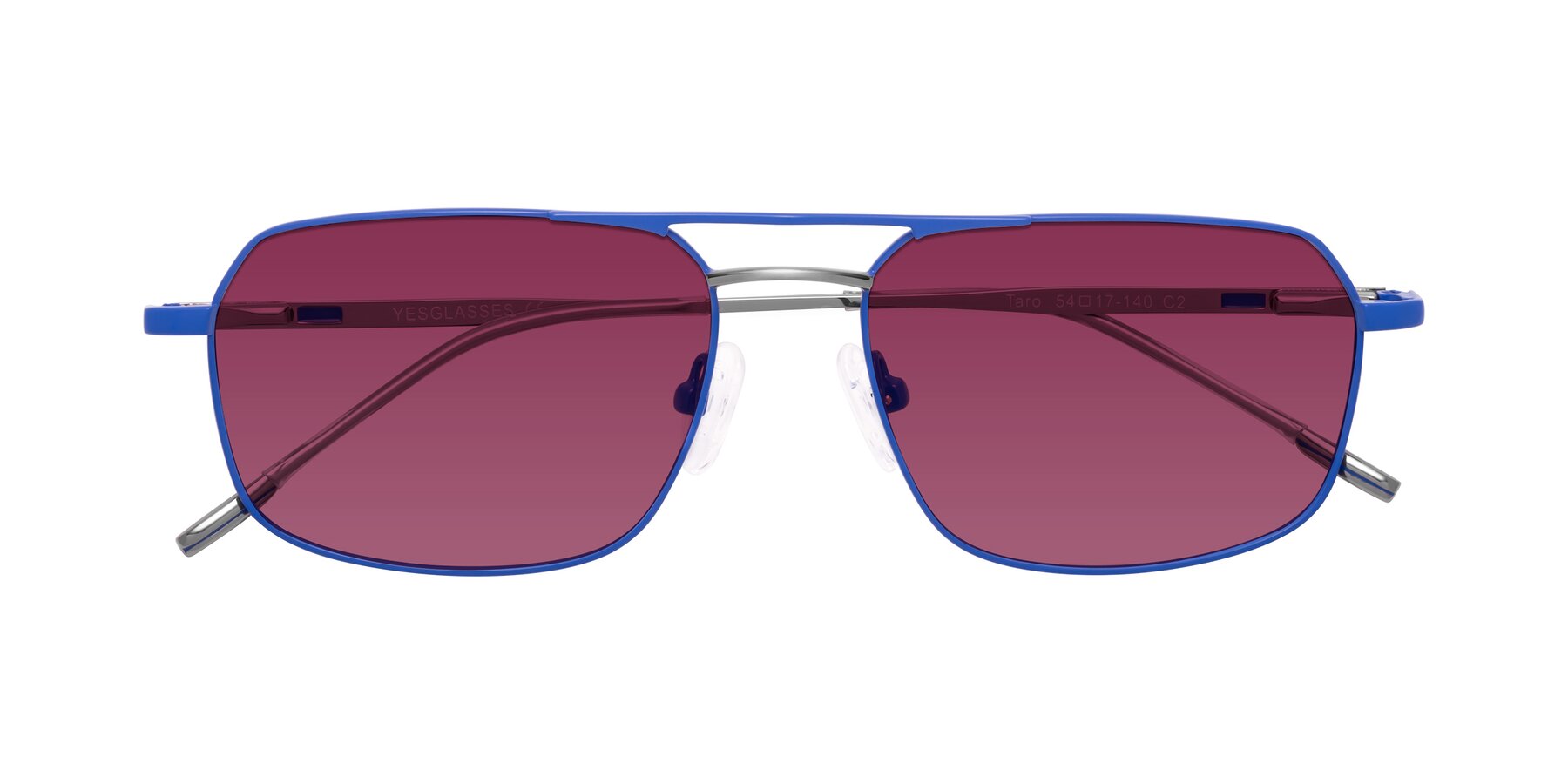 Folded Front of Taro in Sapphire Blue with Wine Tinted Lenses