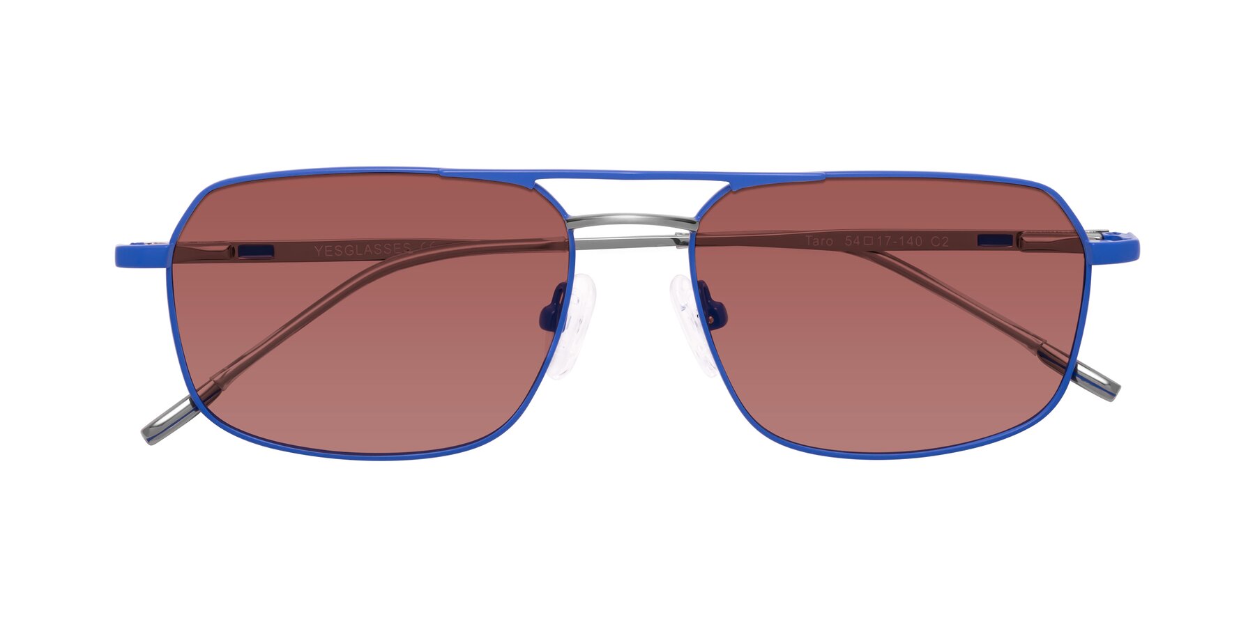 Folded Front of Taro in Sapphire Blue with Garnet Tinted Lenses