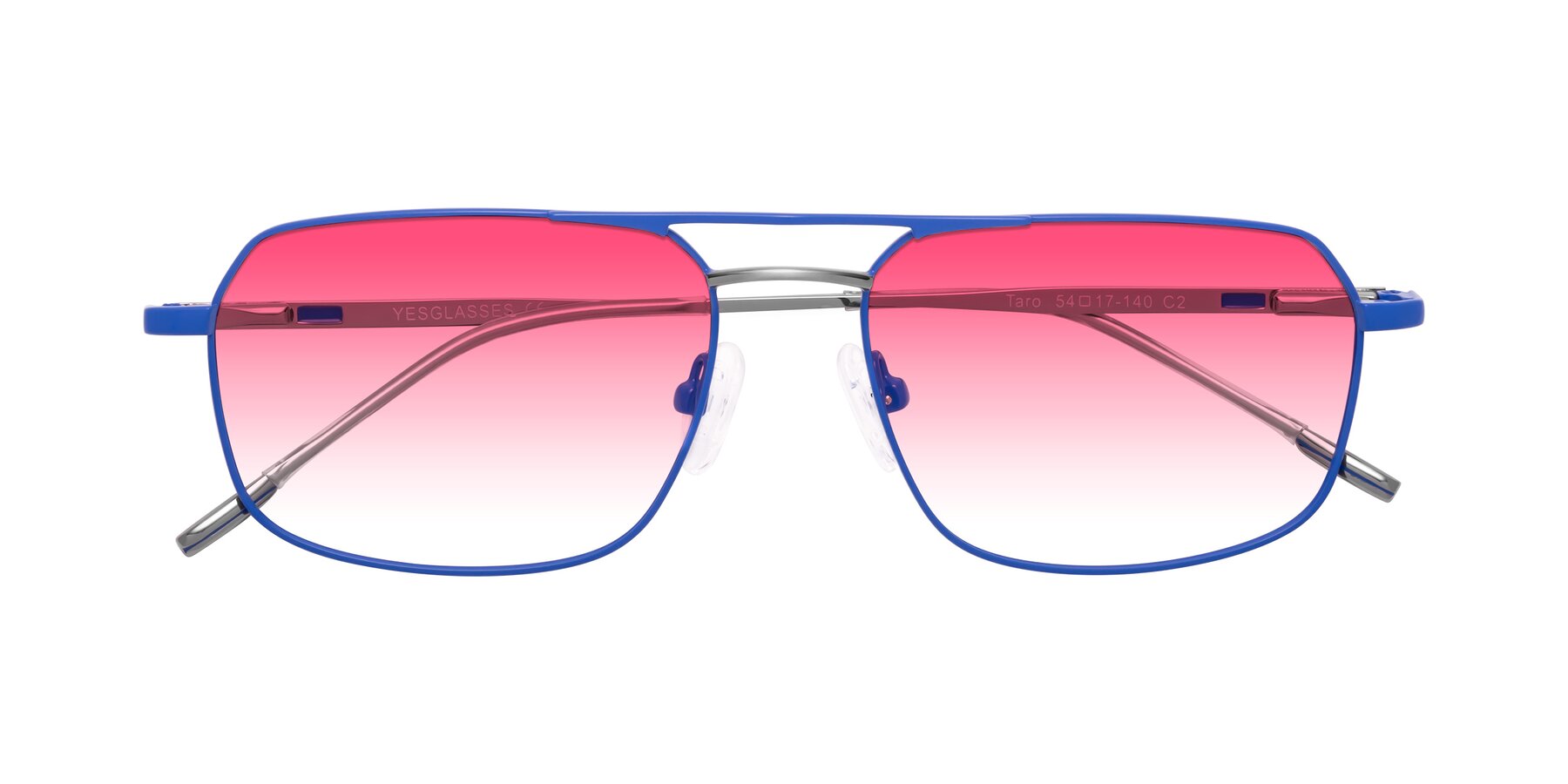 Folded Front of Taro in Sapphire Blue with Pink Gradient Lenses