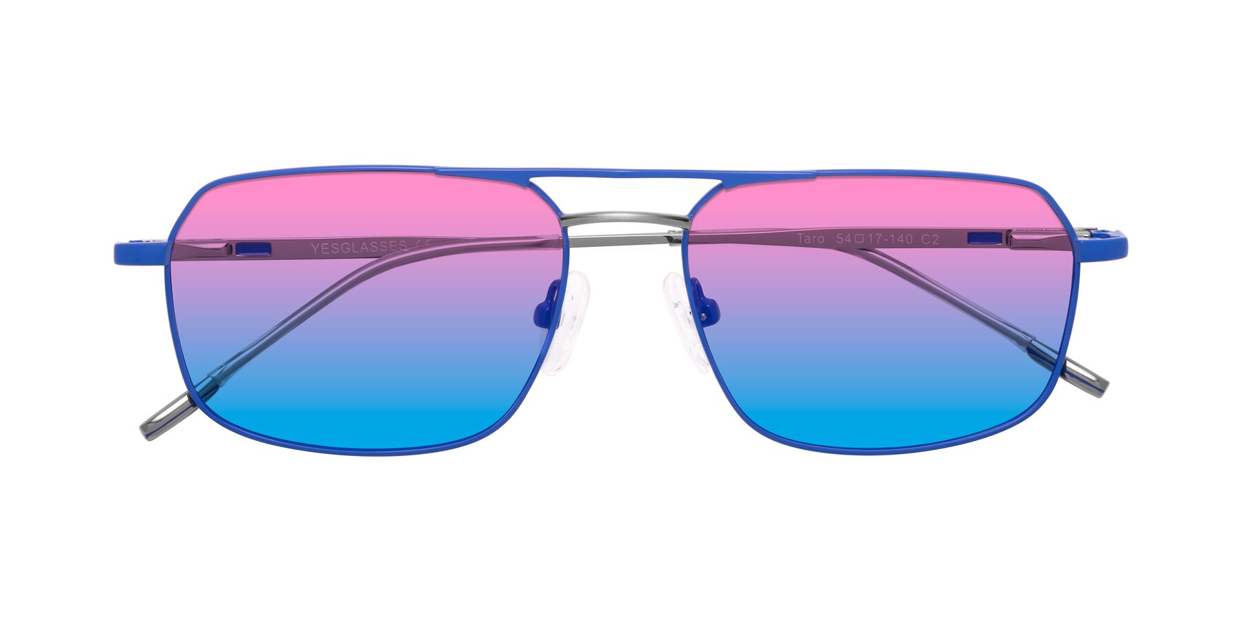 Folded Front of Taro in Sapphire Blue with Pink / Blue Gradient Lenses