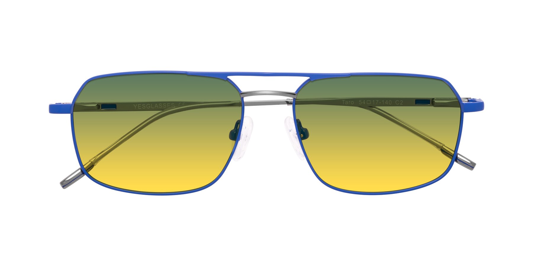 Folded Front of Taro in Sapphire Blue with Green / Yellow Gradient Lenses