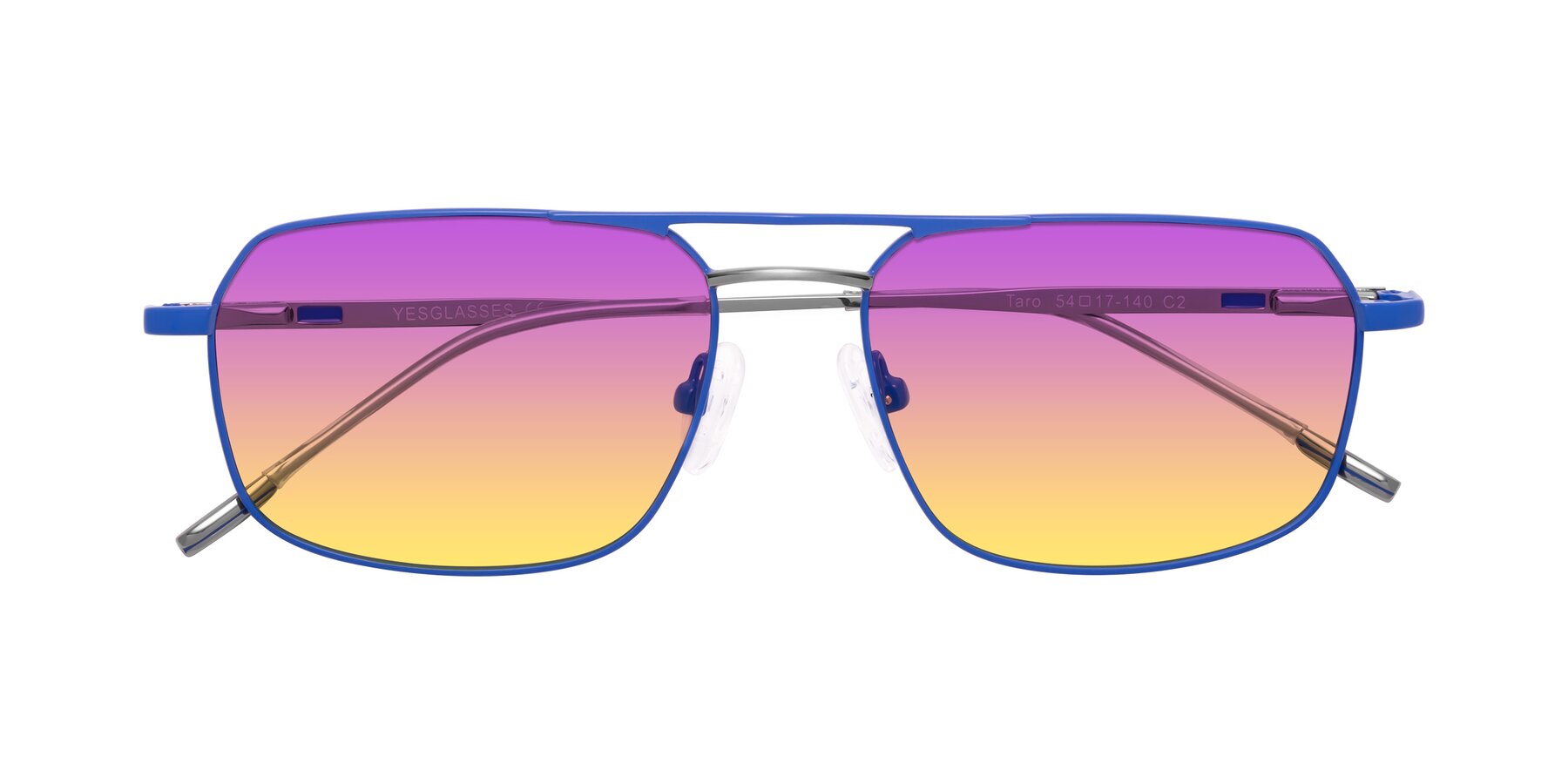 Folded Front of Taro in Sapphire Blue with Purple / Yellow Gradient Lenses