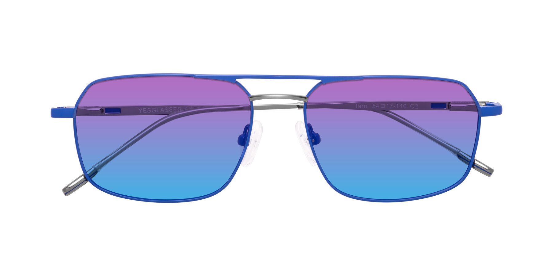 Folded Front of Taro in Sapphire Blue with Purple / Blue Gradient Lenses