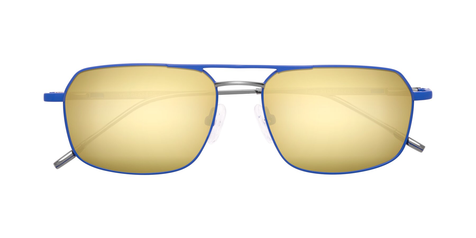 Folded Front of Taro in Sapphire Blue with Gold Mirrored Lenses